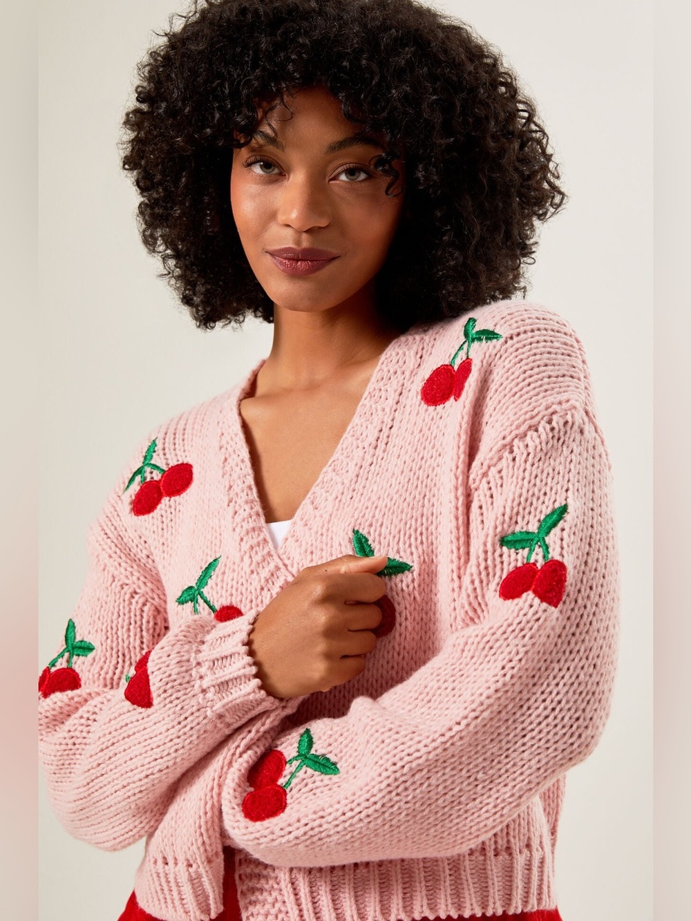 Altar’d State Cherry Embroidery Pink Sweater Cardigan
